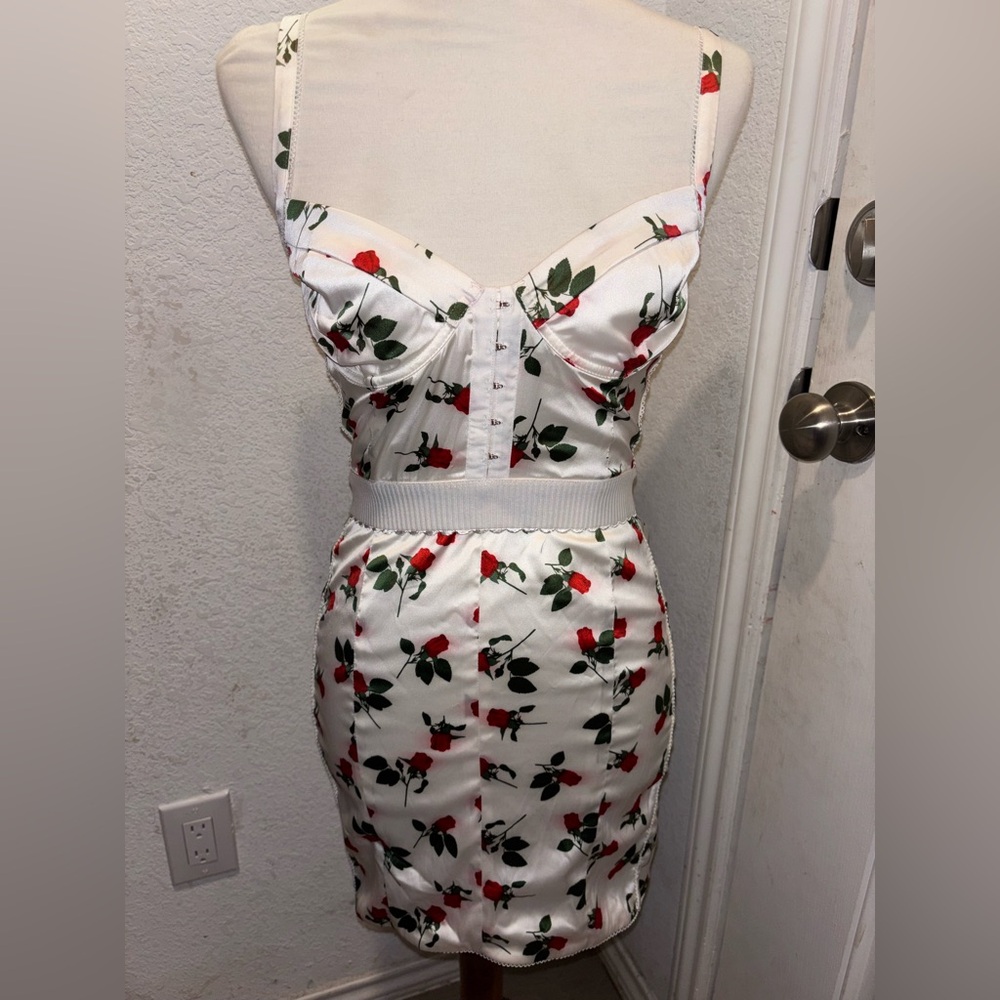 For Love And Lemons White & Song Red Rose Bud Satin Corset Style Mini Dress